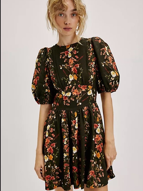 SAYLOR Dresses & Skirts - SAYLOR Free People Dark Olive Floral Puff-Sleeve Mini Dress
